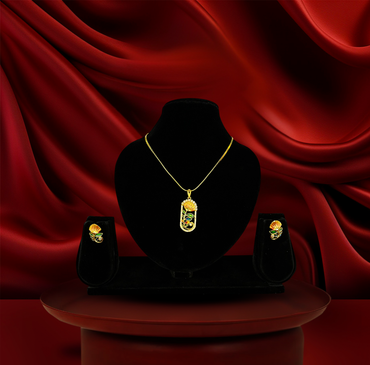 24K Gold-Plated - Traditional Enamel Floral Pendant Set with Stud Earrings