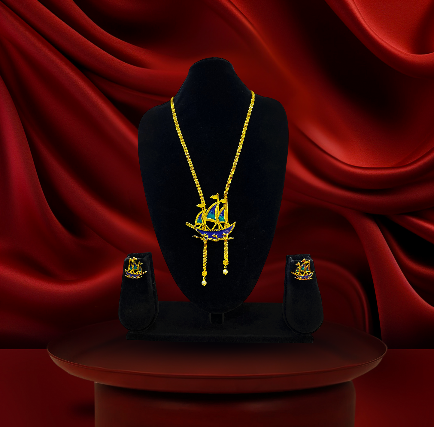 24K Gold-Plated - Blue Enamel Sailing Ship Chain Pendant Set with Matching Earrings