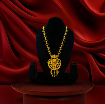 24K Gold-Plated - Antique Floral Long Pendant Necklace Set with Matching Stud Earring