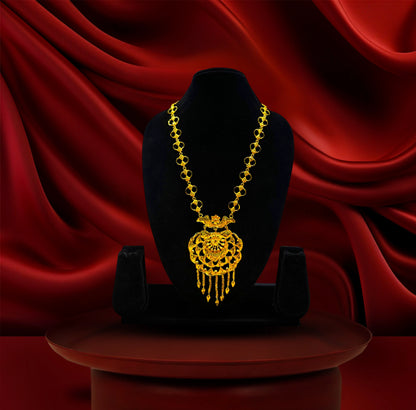 24K Gold-Plated - Antique Floral Long Pendant Necklace Set with Matching Stud Earring