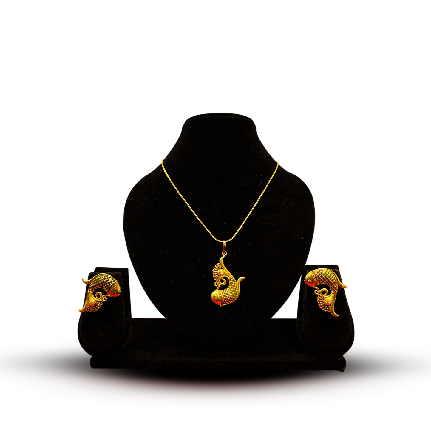 24K Gold-Plated - Bengali Fish Motif Pendant and Earrings Set