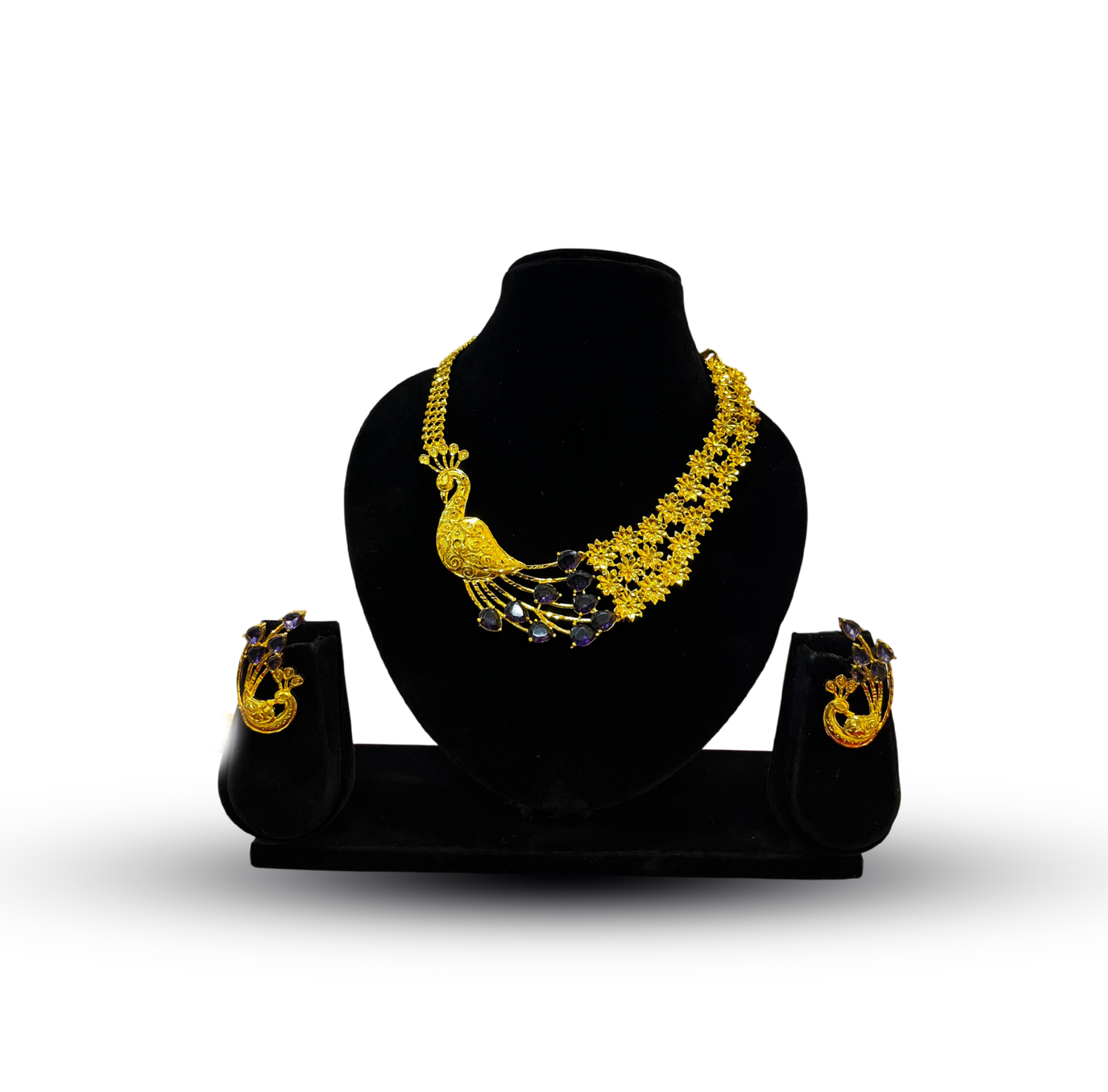 24K Gold-Plated - Peacock Floral Designer Necklace Set with Matching Earrings
