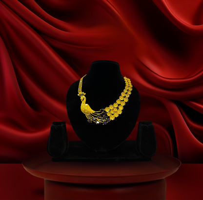 24K Gold-Plated - Peacock Floral Designer Necklace Set with Matching Earrings