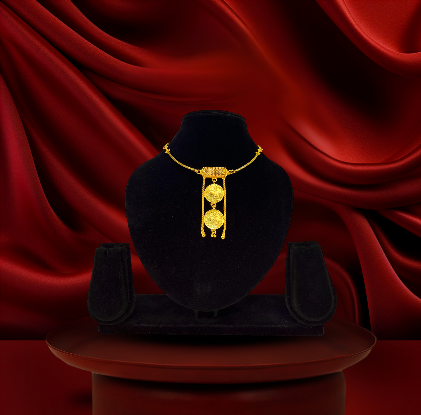 24K Gold-Plated - Double Coin Drop Pendant Necklace Set with Matching Earrings