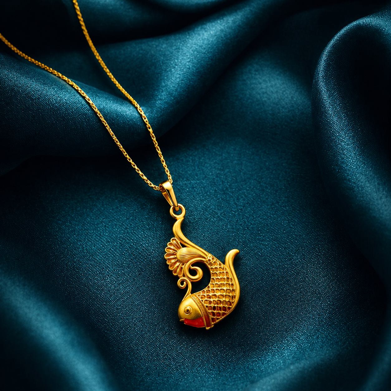 24K Gold-Plated - Bengali Fish Motif Pendant and Earrings Set