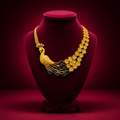 24K Gold-Plated - Peacock Floral Designer Necklace Set with Matching Earrings