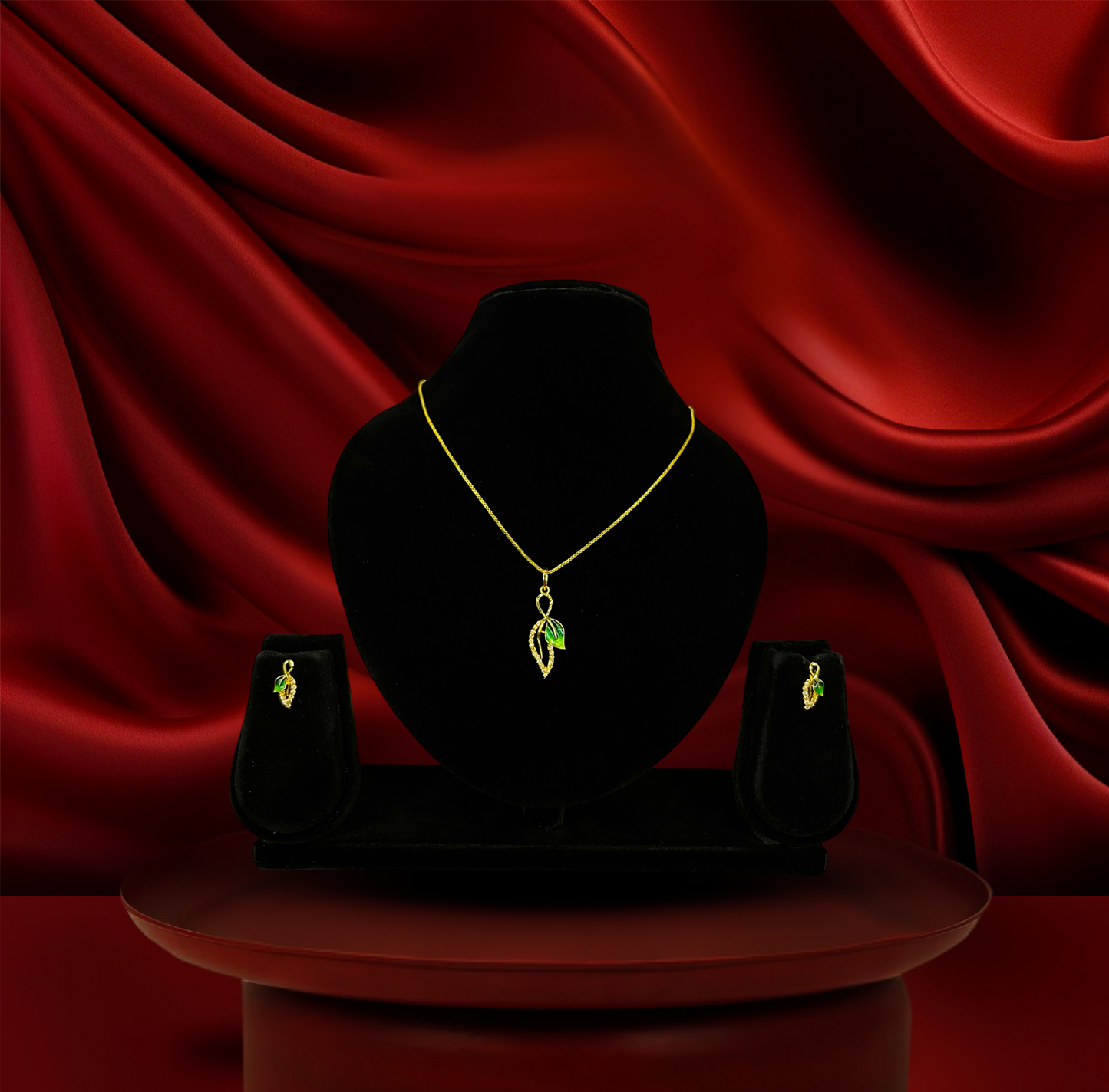 24K Gold-Plated - Premium Green Leaf Gold Chain & Earring Combo