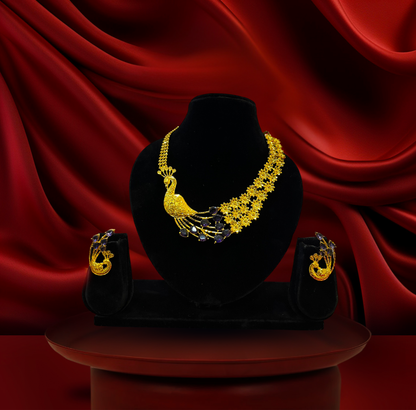 24K Gold-Plated - Peacock Floral Designer Necklace Set with Matching Earrings