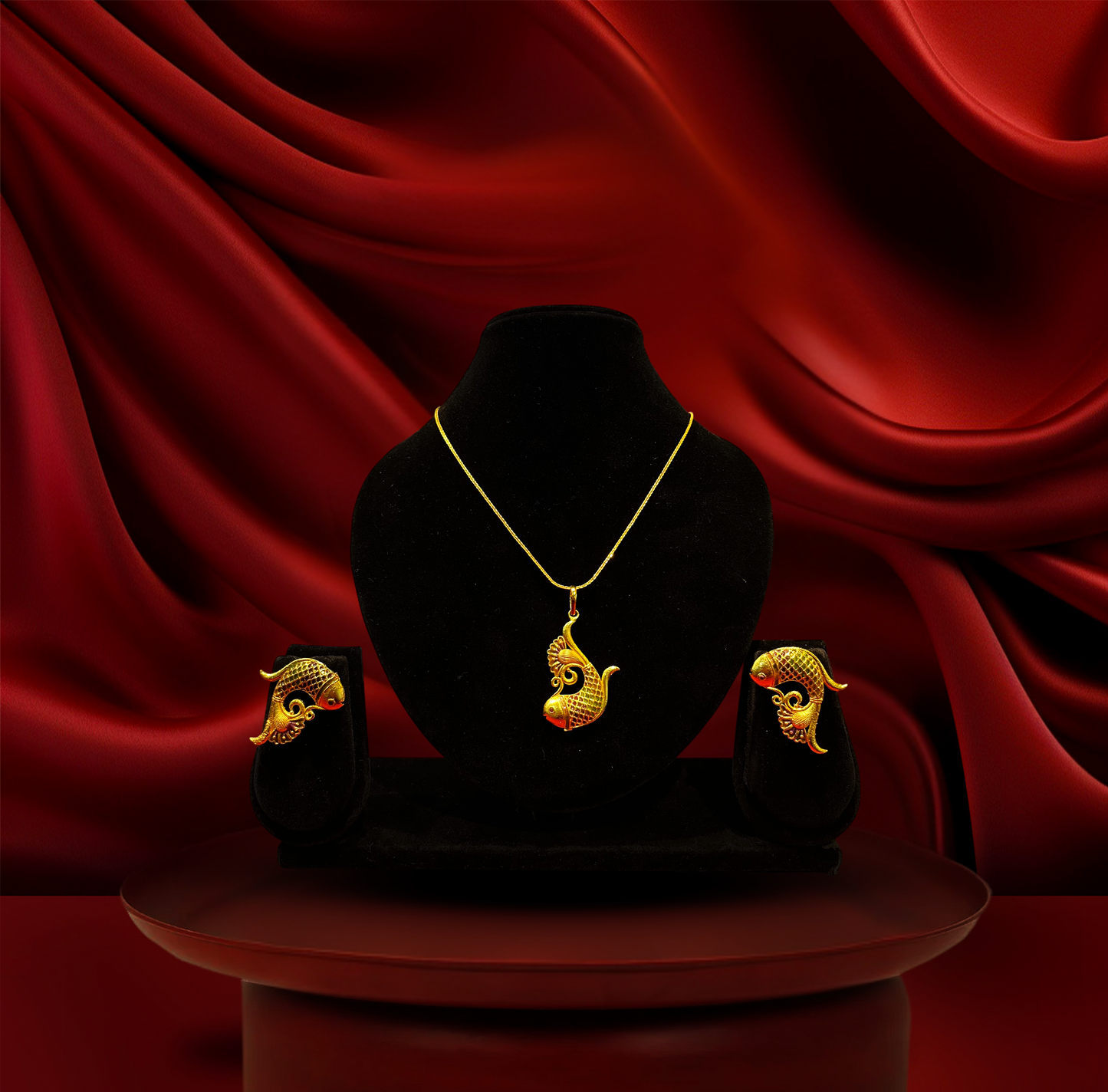 24K Gold-Plated - Bengali Fish Motif Pendant and Earrings Set
