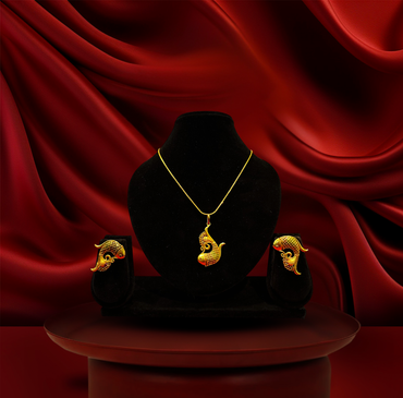 24K Gold-Plated - Bengali Fish Motif Pendant and Earrings Set