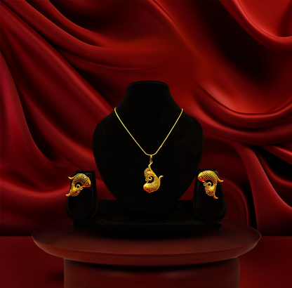 24K Gold-Plated - Bengali Fish Motif Pendant and Earrings Set