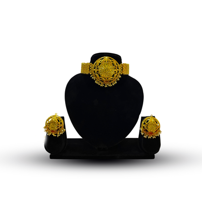 24K Gold-Plated - Medallion Designer Choker Set with Matching Earrings