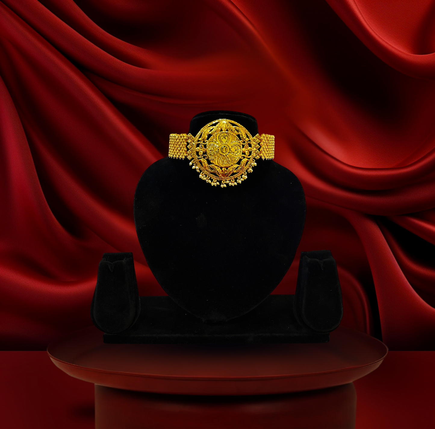 24K Gold-Plated - Medallion Designer Choker Set with Matching Earrings