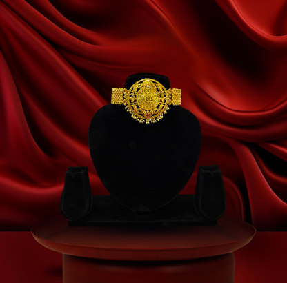 24K Gold-Plated - Medallion Designer Choker Set with Matching Earrings