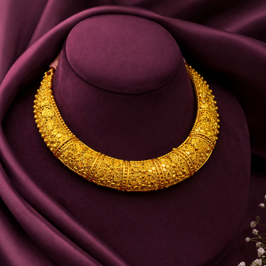 Gold necklace on a purple cushion with a soft focus background