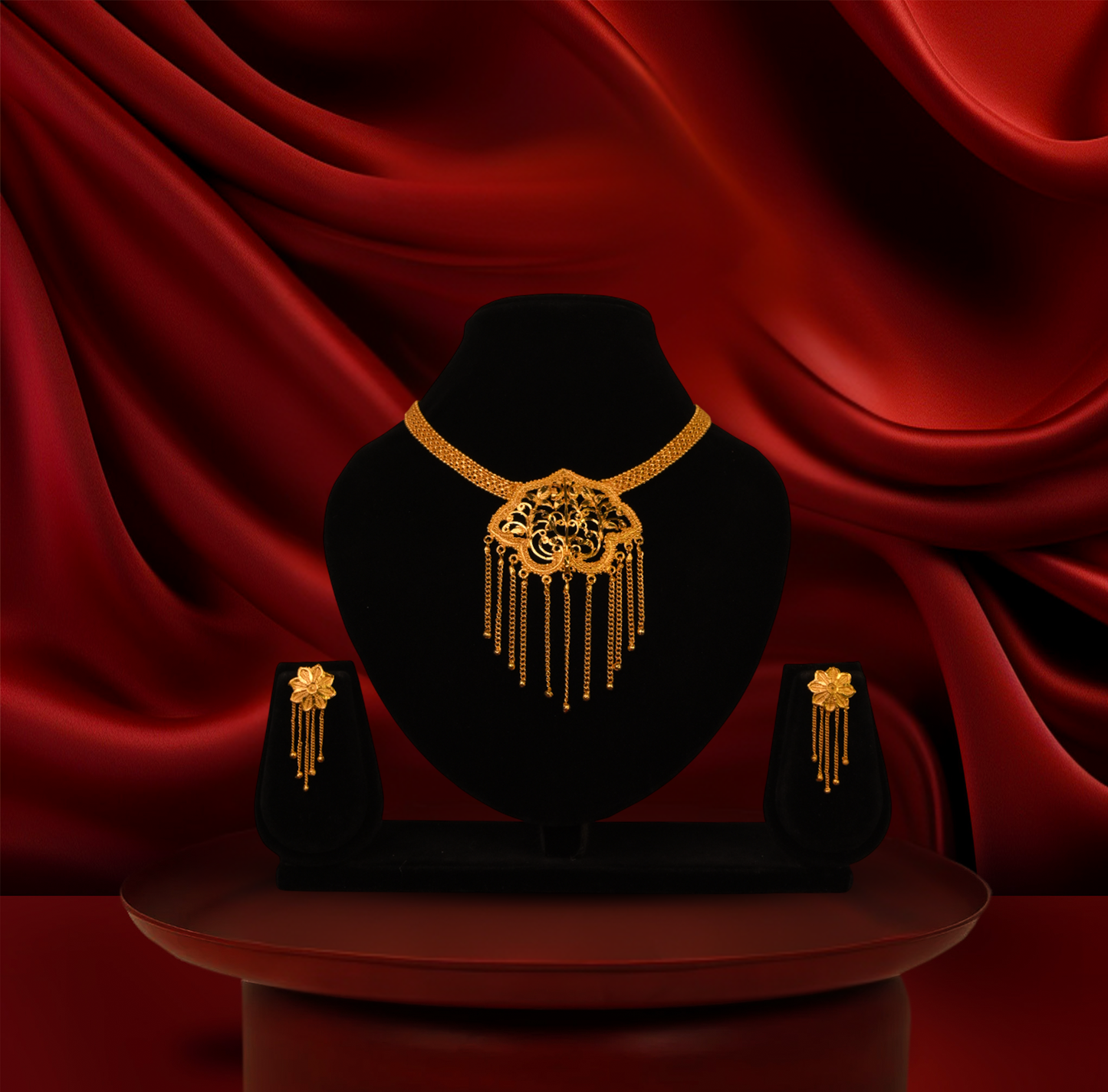24K Gold-Plated - Statement Jhuri Necklace Set with Hanging Pattern With Earrings