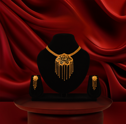 24K Gold-Plated - Statement Jhuri Necklace Set with Hanging Pattern With Earrings