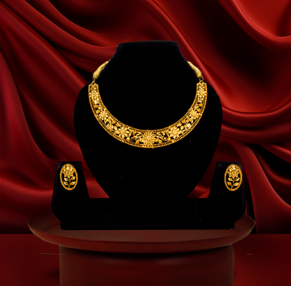 24K Gold-Plated Traditional Floral Leaf Choker Necklace Set with Earrings