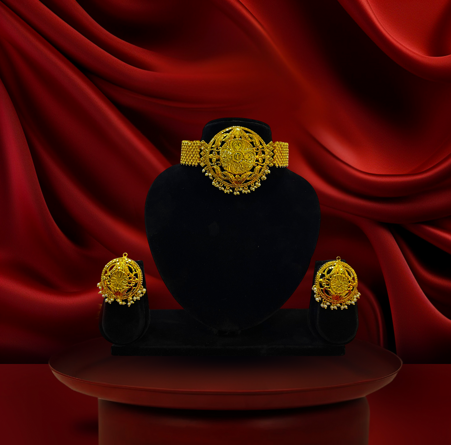 24K Gold-Plated - Medallion Designer Choker Set with Matching Earrings