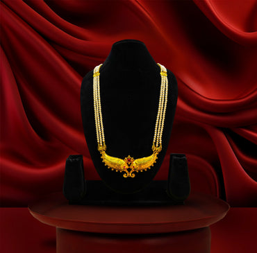 24K Gold-Plated - Pearl Long Necklace Set with Royal Antique Finish Fish Motif Pendant & Matching Earrings