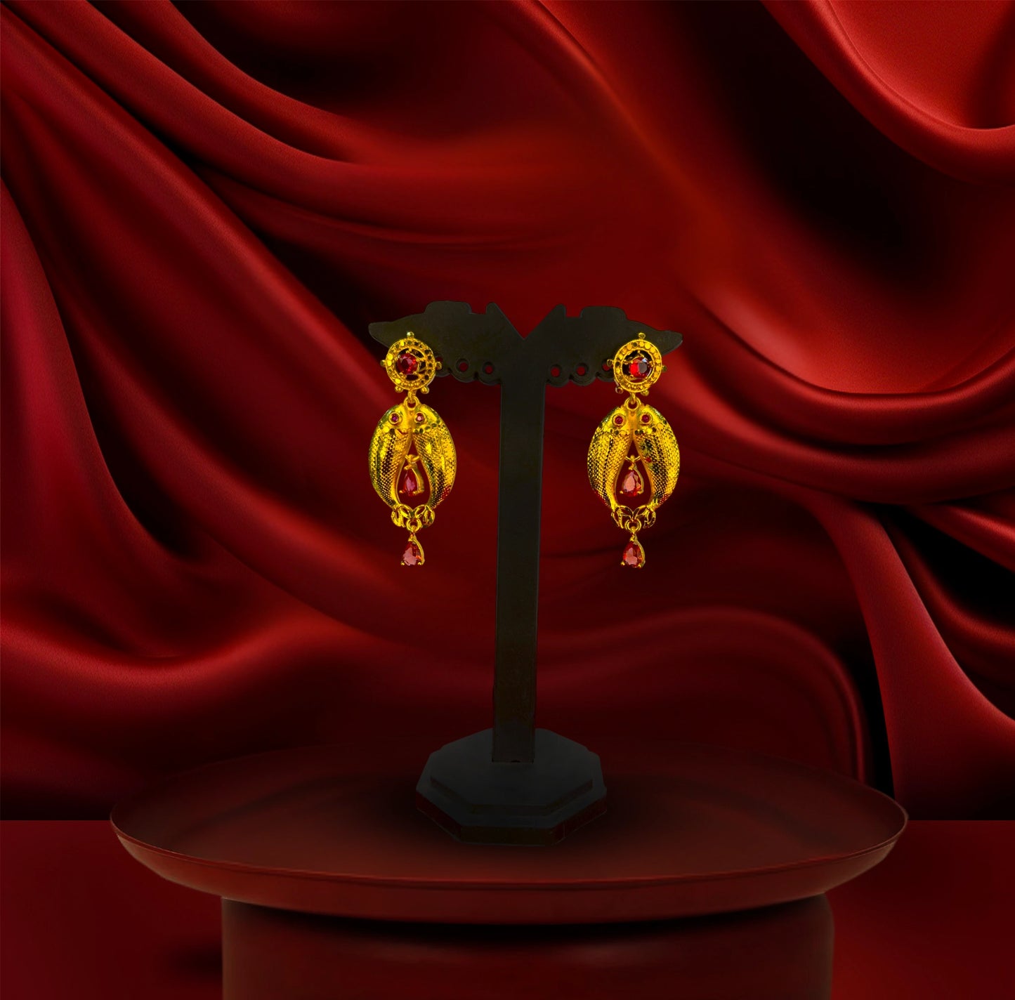 24K Gold-Plated - Pearl Long Necklace Set with Royal Antique Finish Fish Motif Pendant & Matching Earrings