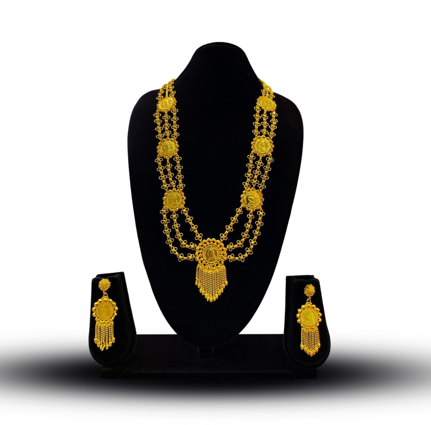 24K Gold-Plated - Triple Layer Coin Lohori Necklace Set with Tassel Earrings