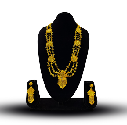 24K Gold-Plated - Triple Layer Coin Lohori Necklace Set with Tassel Earrings