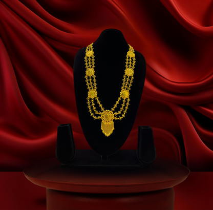 24K Gold-Plated - Triple Layer Coin Lohori Necklace Set with Tassel Earrings