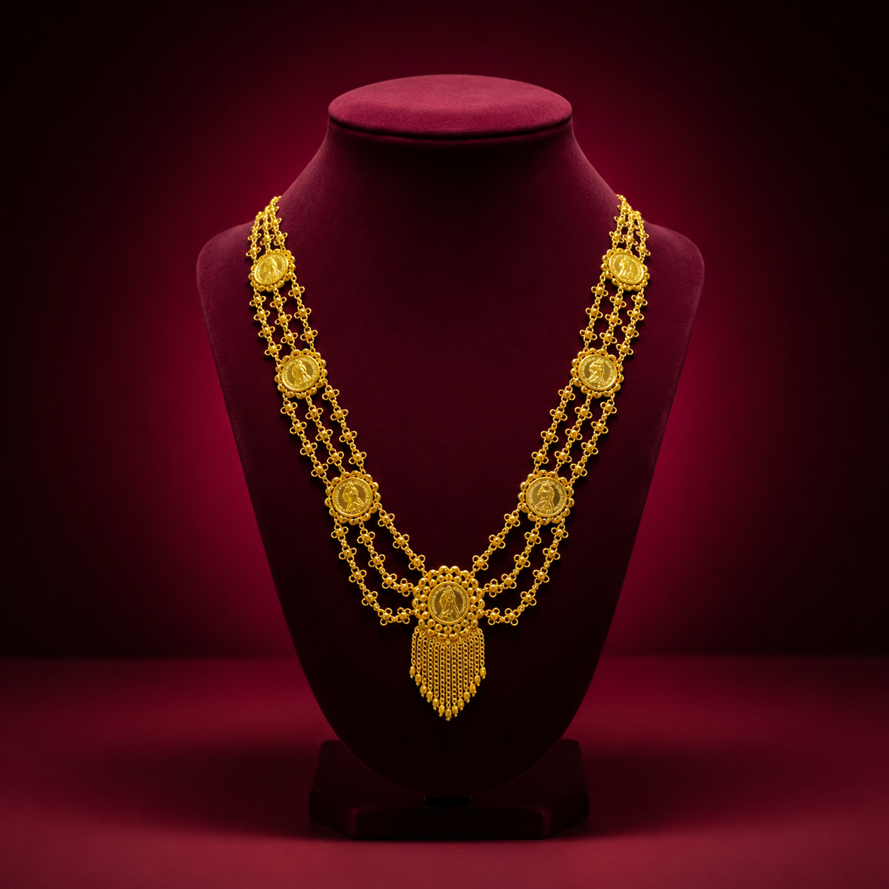 24K Gold-Plated - Triple Layer Coin Lohori Necklace Set with Tassel Earrings