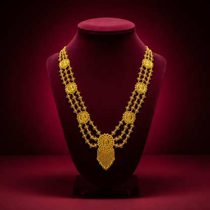 24K Gold-Plated - Triple Layer Coin Lohori Necklace Set with Tassel Earrings