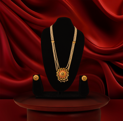 24K Gold-Plated - Luxury Pearl Long Sita Haar Traditional Set With Earrings