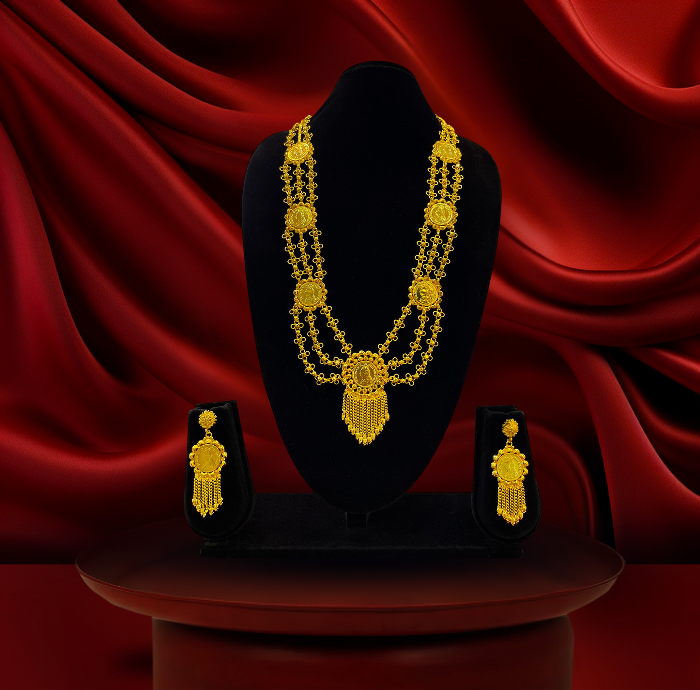 24K Gold-Plated - Triple Layer Coin Lohori Necklace Set with Tassel Earrings