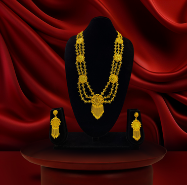 24K Gold-Plated - Triple Layer Coin Lohori Necklace Set with Tassel Earrings