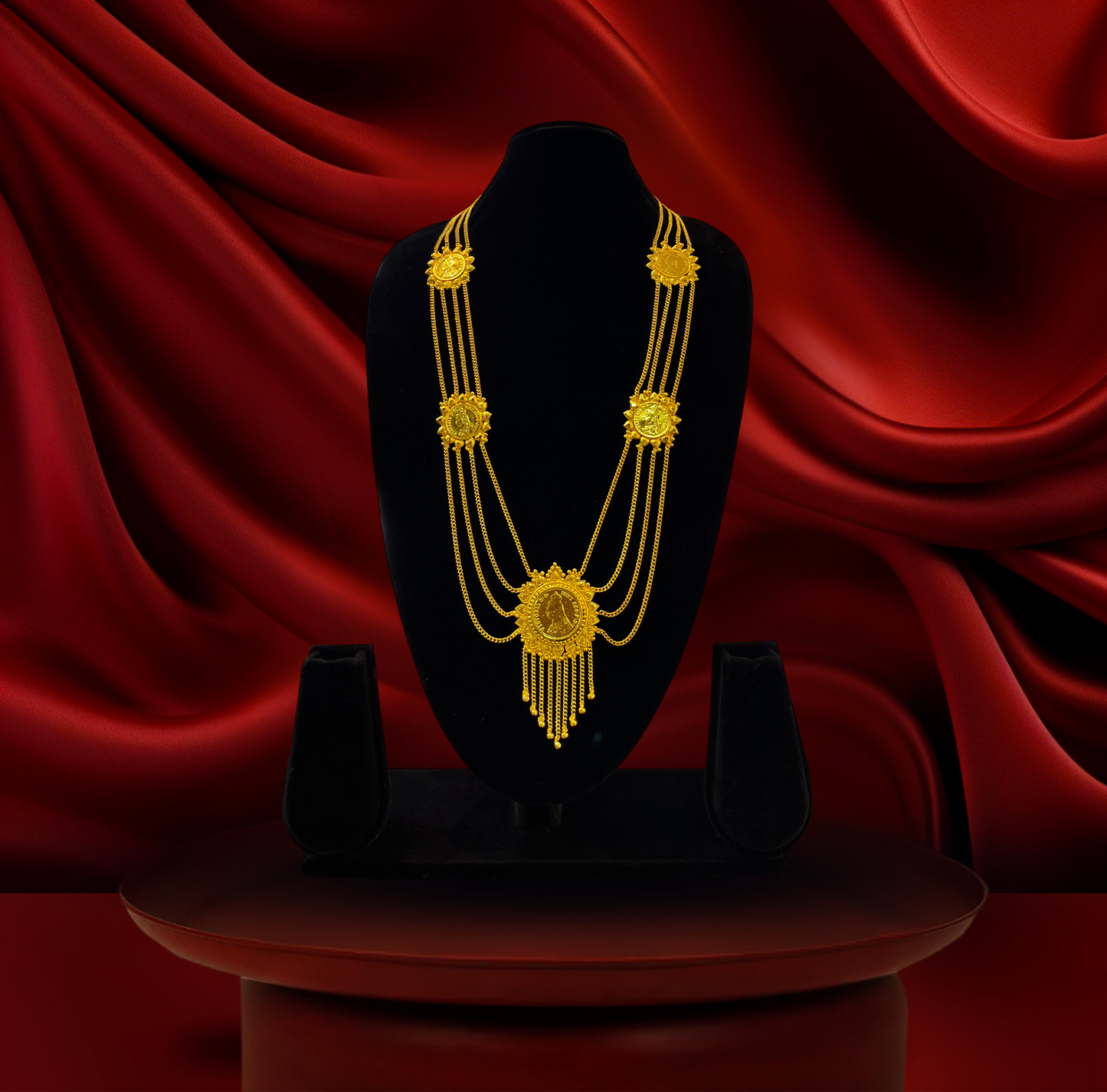 24K Gold-Plated - Designer Bengali Coin Lohori Necklace Set with Earrings