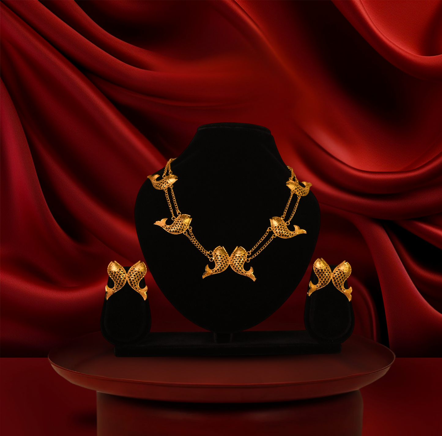 24K Gold-Plated - Royal Fish Design Traditional Necklace Set With Earrings