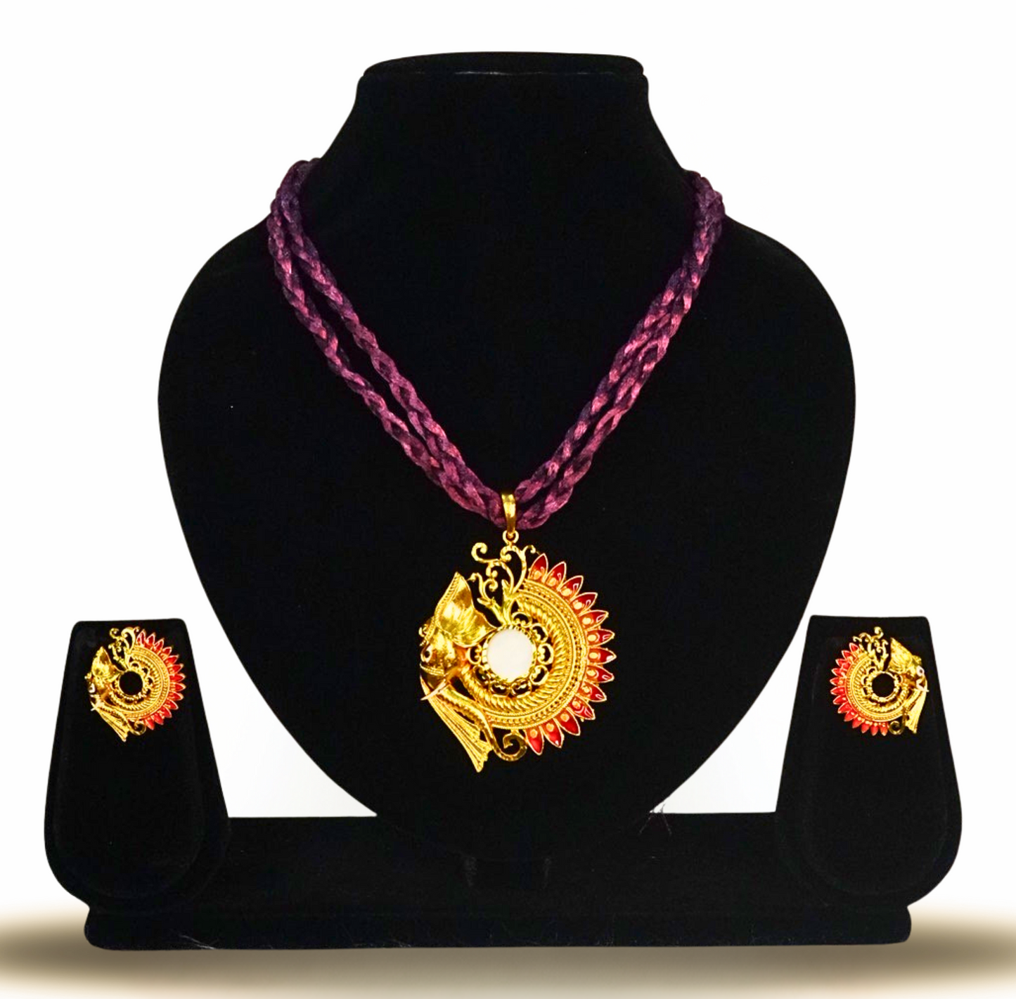 24K Gold-Plated Red Meenakari Lord Ganesha motif  Pendant Set – Elegant Designer Jewellery