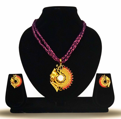 24K Gold-Plated Red Meenakari Lord Ganesha motif  Pendant Set – Elegant Designer Jewellery