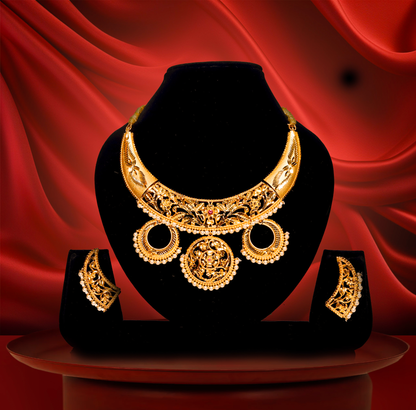 Elegant Floral Hasuli Design – 24K Gold Plated Necklace with AD and Moti Accents