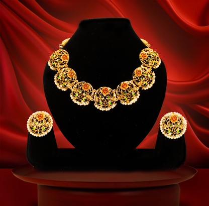 24K Gold-Plated Meena Work Floral Round Pearl Bordered Necklace Set