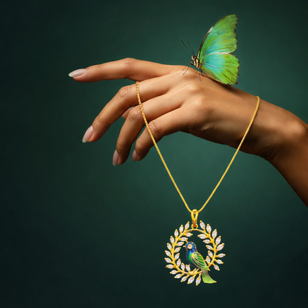 24K Gold-Plated - Bird Leaf Motif pendant Set with Matching Statement Earrings