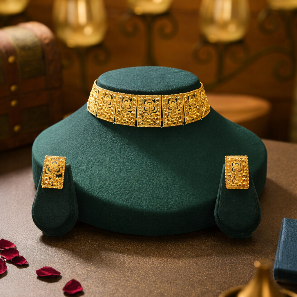 Gold necklace on a green cushion with decorative elements in a warm-toned setting