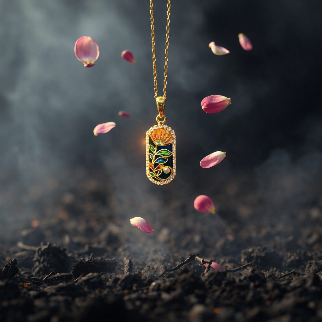 24K Gold-Plated - Traditional Enamel Floral Pendant Set with Stud Earrings