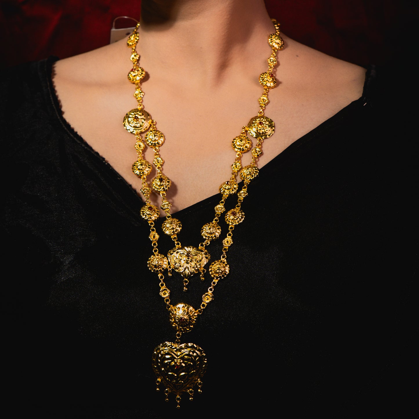 24K Gold-Plated Sabeki Double Layer Heart Motif Bridal Necklace Set – Red Stone Accents