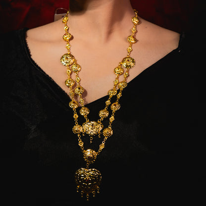 24K Gold-Plated Sabeki Double Layer Heart Motif Bridal Necklace Set – Red Stone Accents