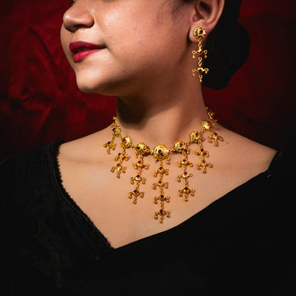 Traditional Sabeki Jhalor Necklace come Chokher Set – 24K Gold-Plated with Ruby Stone Detailing