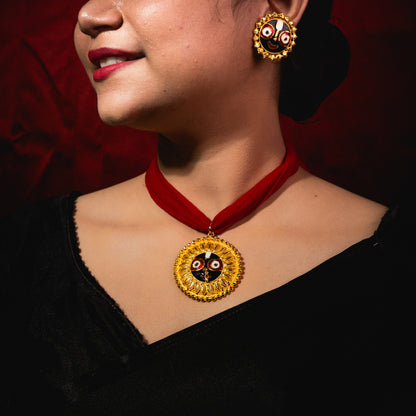 24K Gold-Plated Jagannath Meena Pendant Set with Earrings – Traditional Temple Jewellery