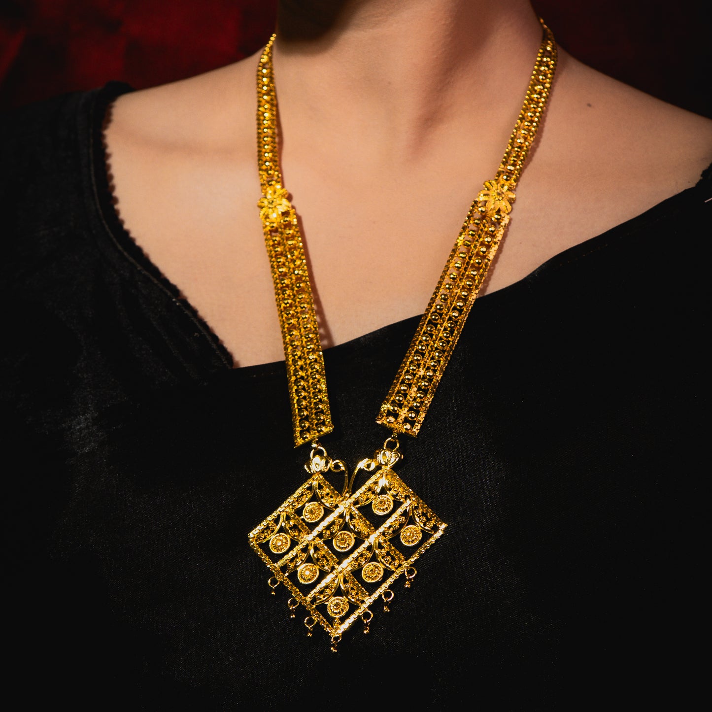 Heritage Square Pendant Sitahar Set – 24K Gold-Plated Long set with Earrings
