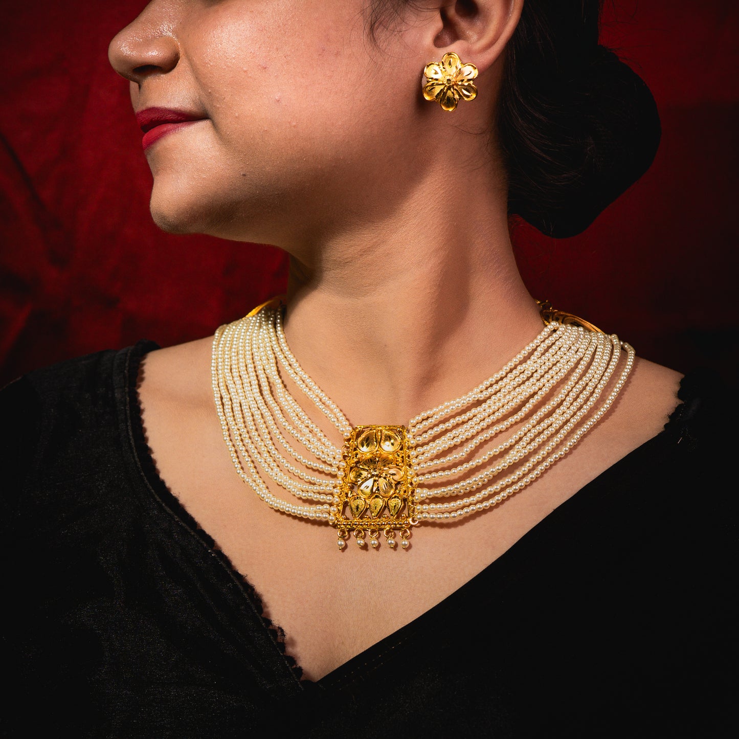 Royal Rani Haar- Multi layer pearl with 24k Gold Plated Pendant