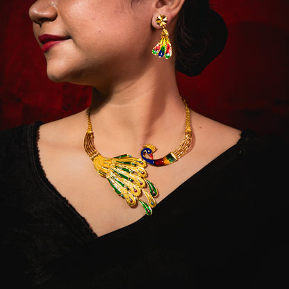 24K Gold-Plated Meenakari Peacock Necklace Set with Earrings