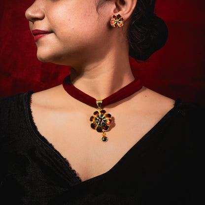 Vibrant Floral Meena Pendant Set – 24K Gold-Plated with Earrings
